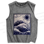Unisex Japanese Wave Printed Washed Tank Top