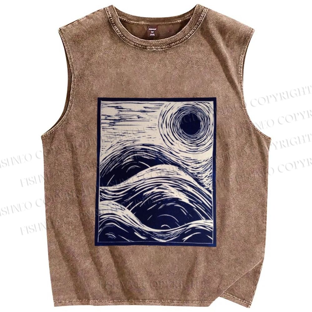 Unisex Japanese Wave Printed Washed Tank Top