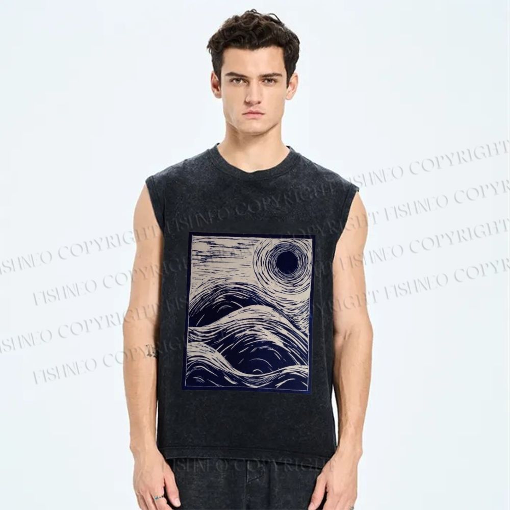 Unisex Japanese Wave Printed Washed Tank Top