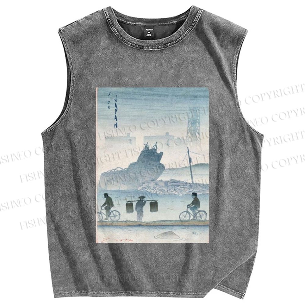 Unisex Japanese Poster Printed Washed Tank Top