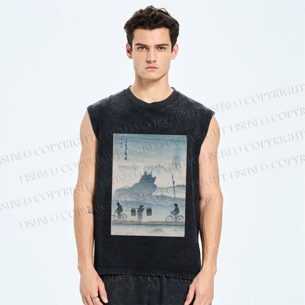 Unisex Japanese Poster Printed Washed Tank Top