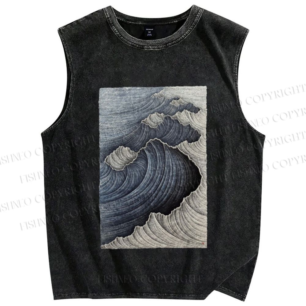 Unisex Japanese Wave Printed Washed Tank Top