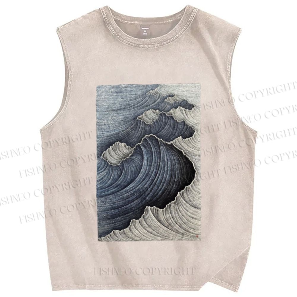 Unisex Japanese Wave Printed Washed Tank Top