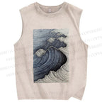Unisex Japanese Wave Printed Washed Tank Top