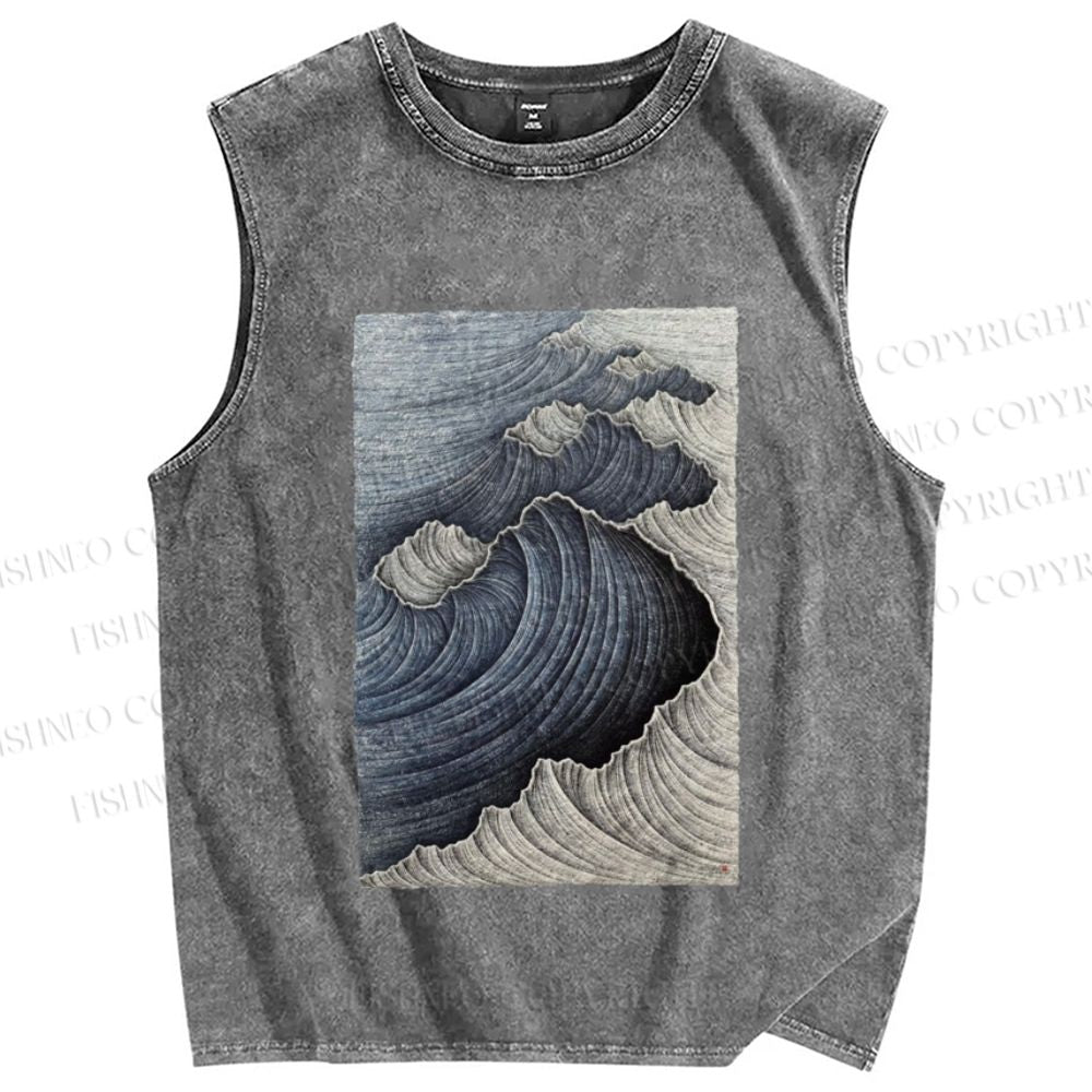 Unisex Japanese Wave Printed Washed Tank Top