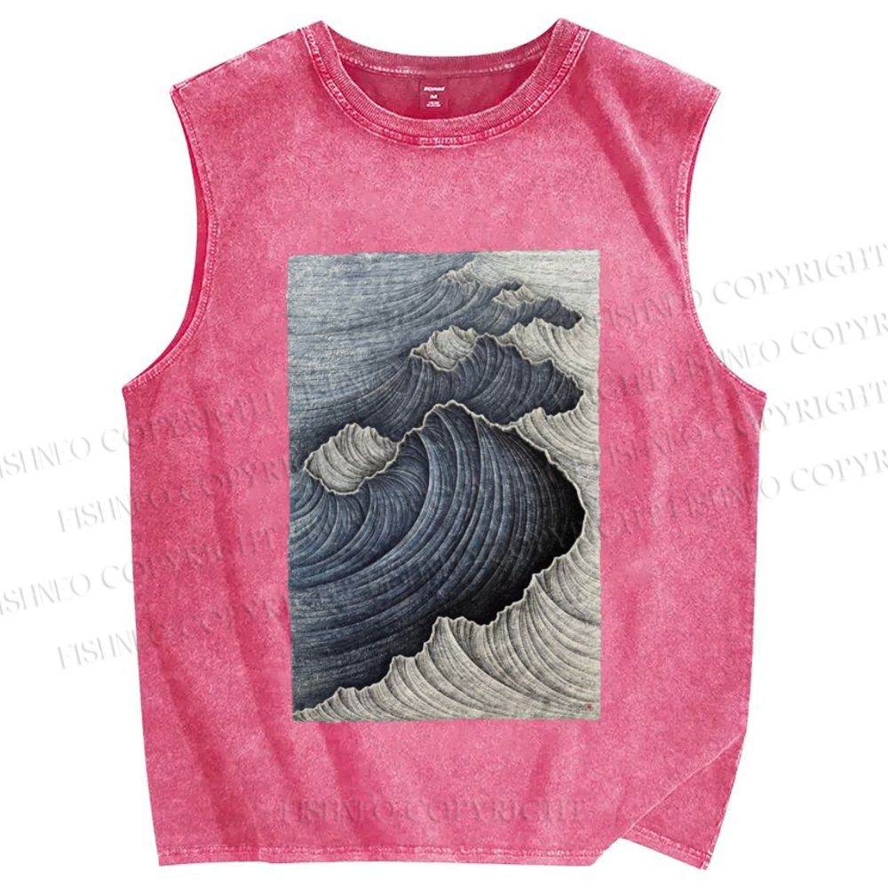 Unisex Japanese Wave Printed Washed Tank Top