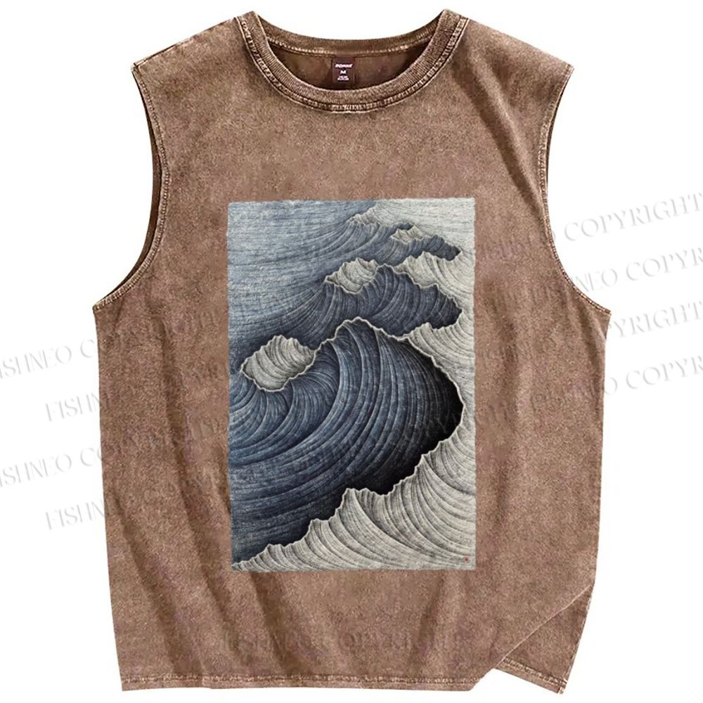 Unisex Japanese Wave Printed Washed Tank Top