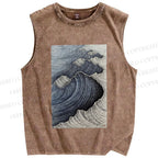 Unisex Japanese Wave Printed Washed Tank Top