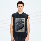 Unisex Japanese Wave Printed Washed Tank Top