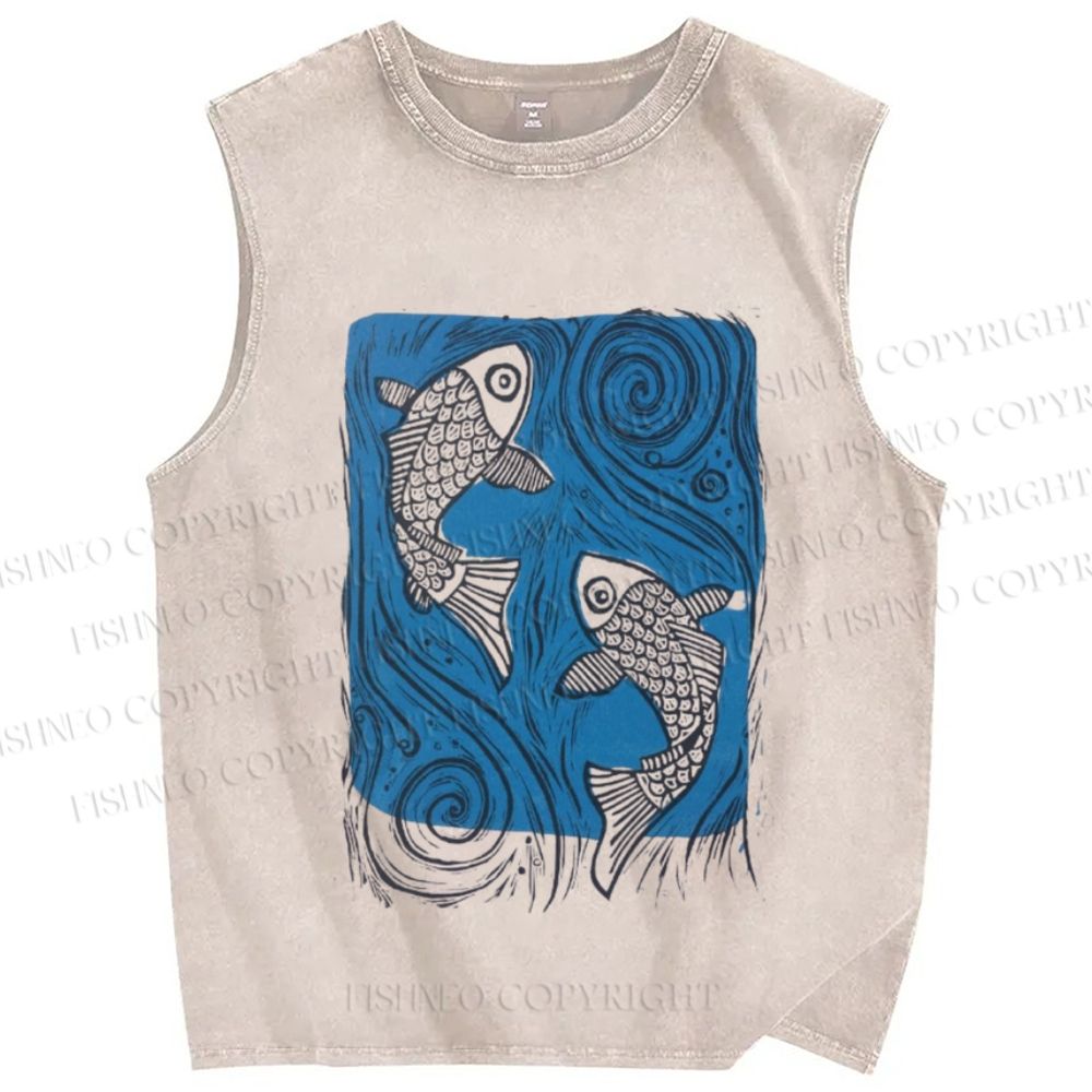 Unisex Fish and Waves Printed Washed Tank Top