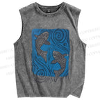 Unisex Fish and Waves Printed Washed Tank Top