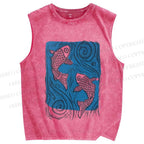 Unisex Fish and Waves Printed Washed Tank Top