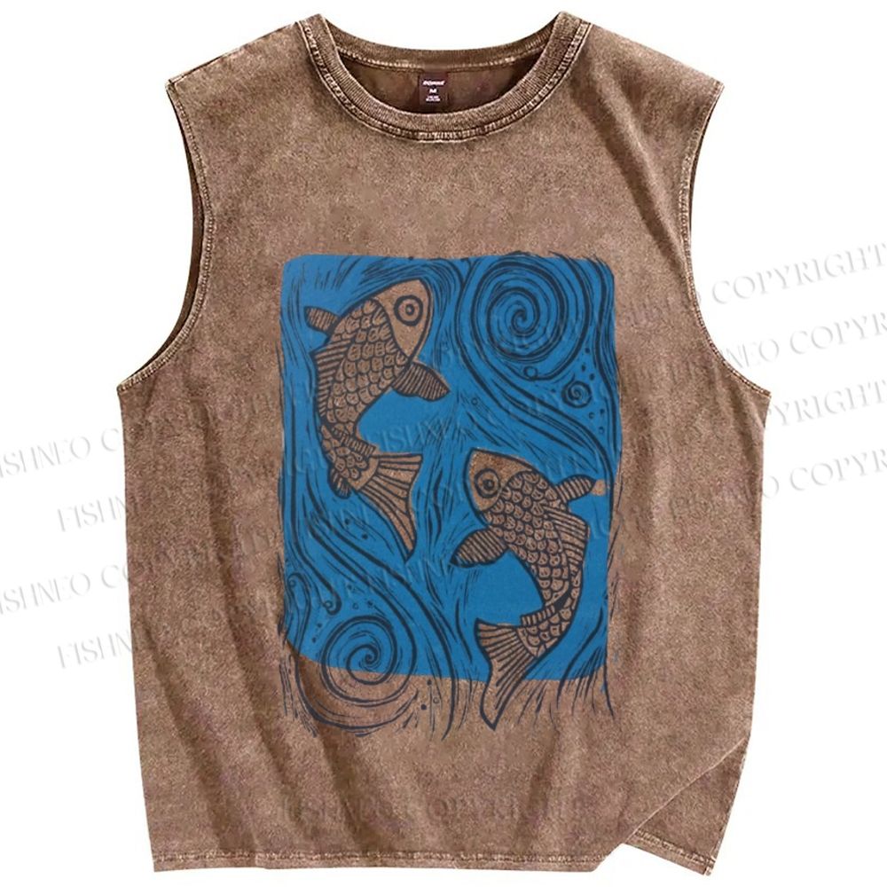 Unisex Fish and Waves Printed Washed Tank Top