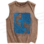 Unisex Fish and Waves Printed Washed Tank Top