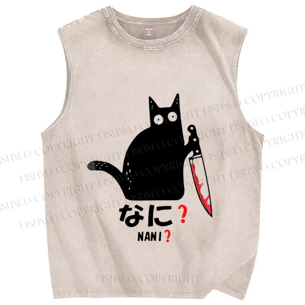 Unisex A Puzzled Cat Holding A Knife Printed Washed Tank Top