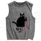 Unisex A Puzzled Cat Holding A Knife Printed Washed Tank Top