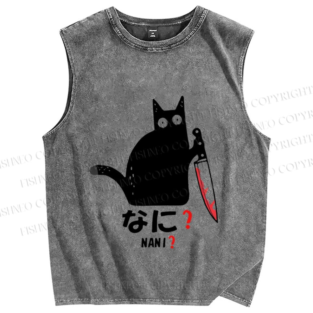 Unisex A Puzzled Cat Holding A Knife Printed Washed Tank Top