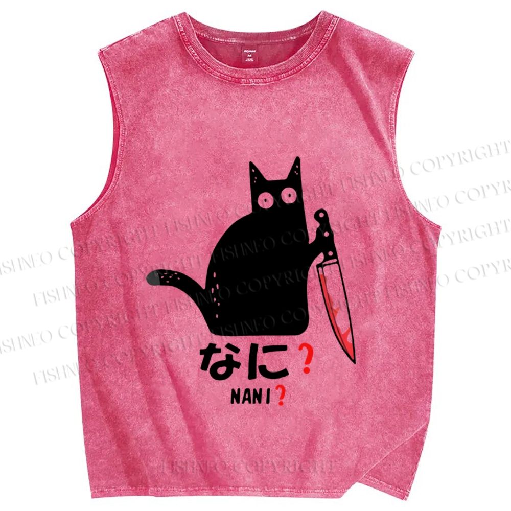 Unisex A Puzzled Cat Holding A Knife Printed Washed Tank Top