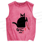 Unisex A Puzzled Cat Holding A Knife Printed Washed Tank Top