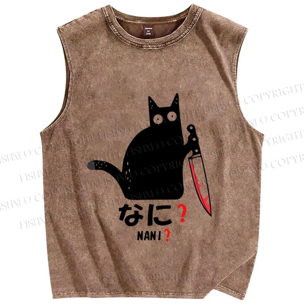 Unisex A Puzzled Cat Holding A Knife Printed Washed Tank Top