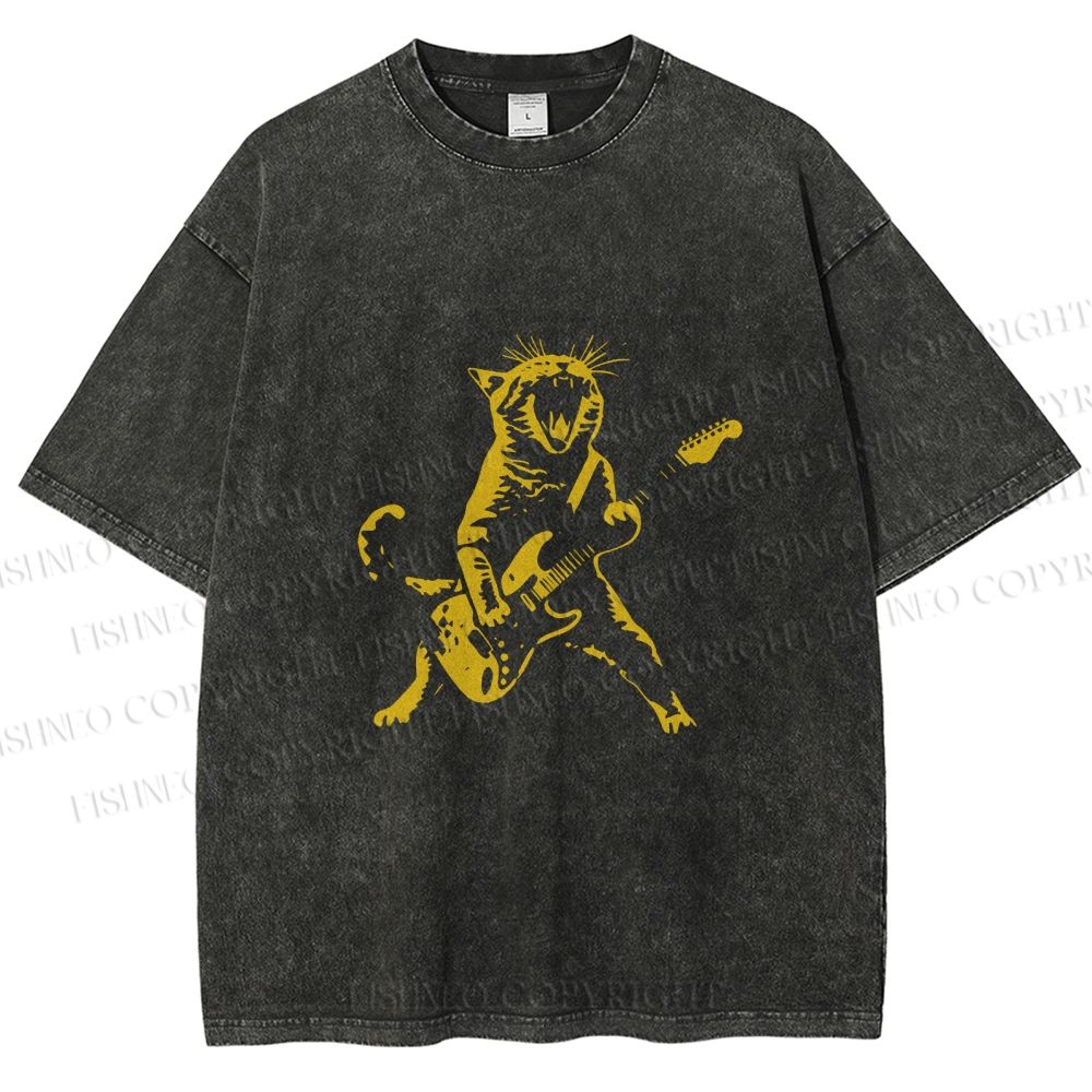 Unisex Vintage Punk Cat Play Bass Printed Washed Tee