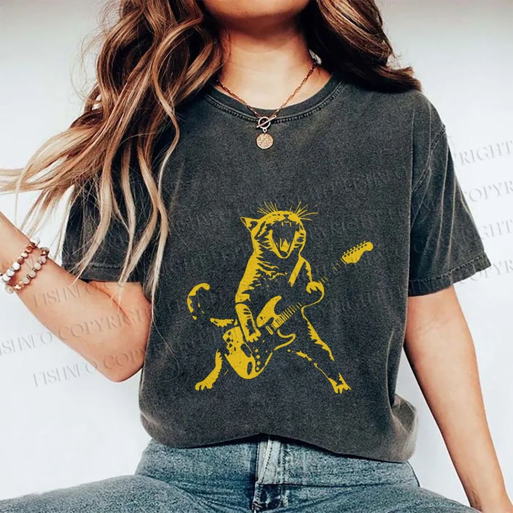 Unisex Vintage Punk Cat Play Bass Printed Washed Tee