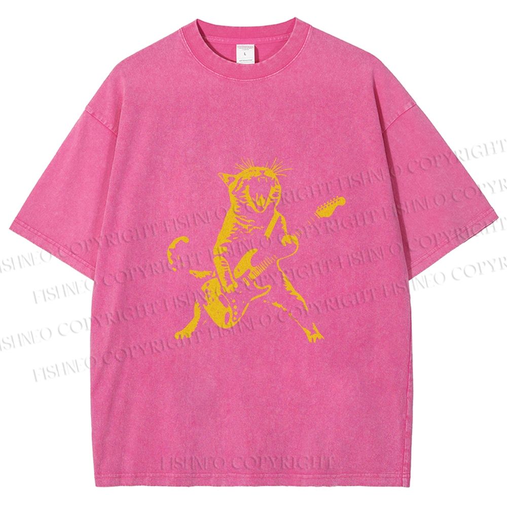Unisex Vintage Punk Cat Play Bass Printed Washed Tee