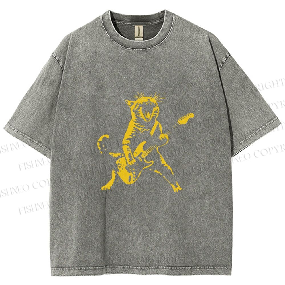 Unisex Vintage Punk Cat Play Bass Printed Washed Tee