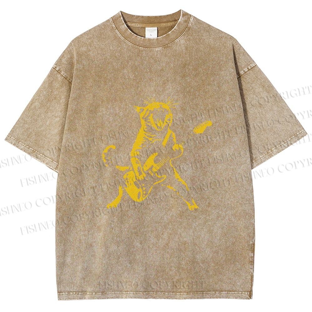 Unisex Vintage Punk Cat Play Bass Printed Washed Tee
