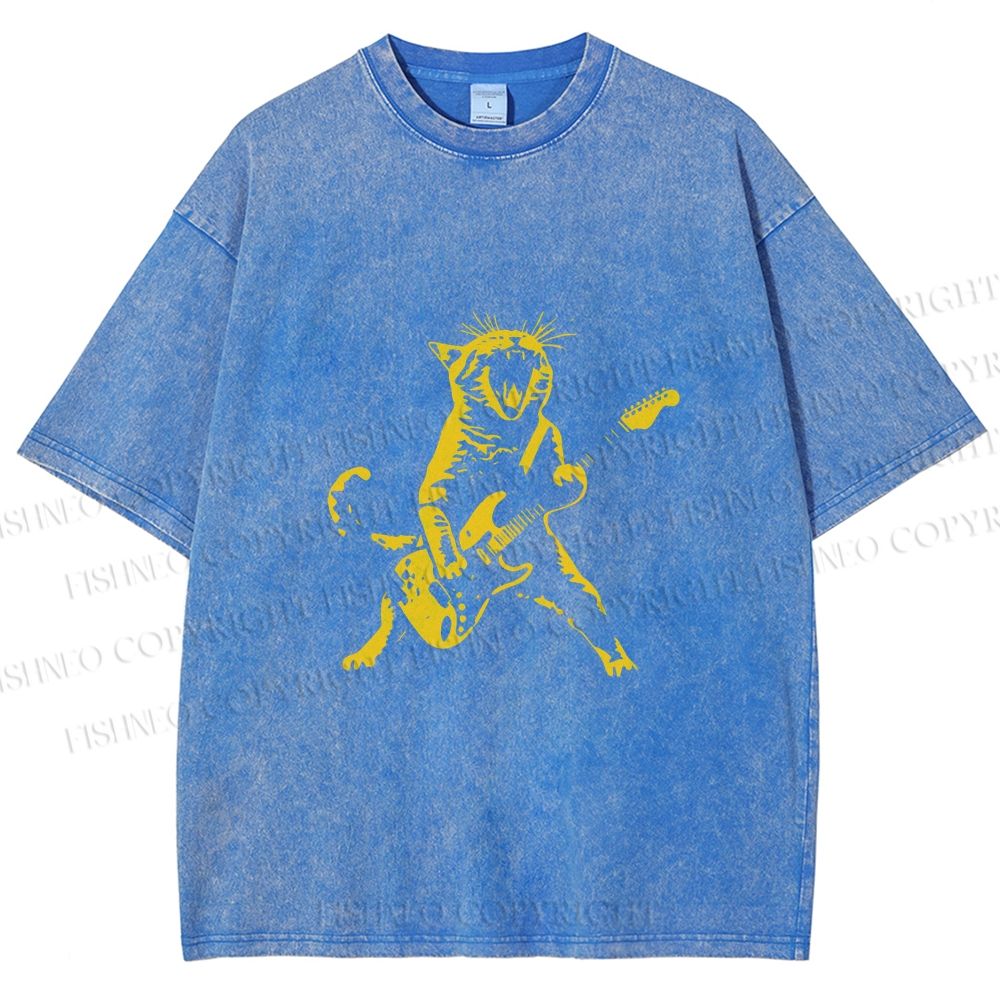 Unisex Vintage Punk Cat Play Bass Printed Washed Tee