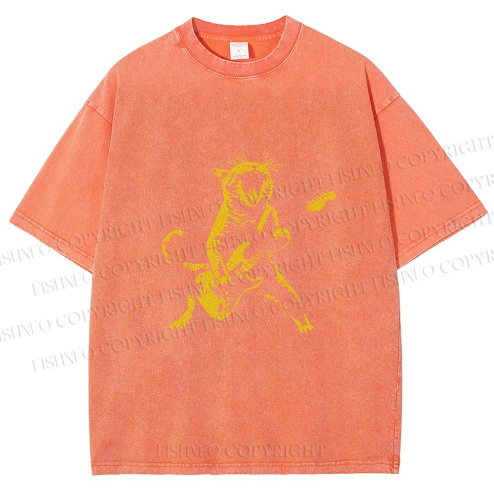 Unisex Vintage Punk Cat Play Bass Printed Washed Tee