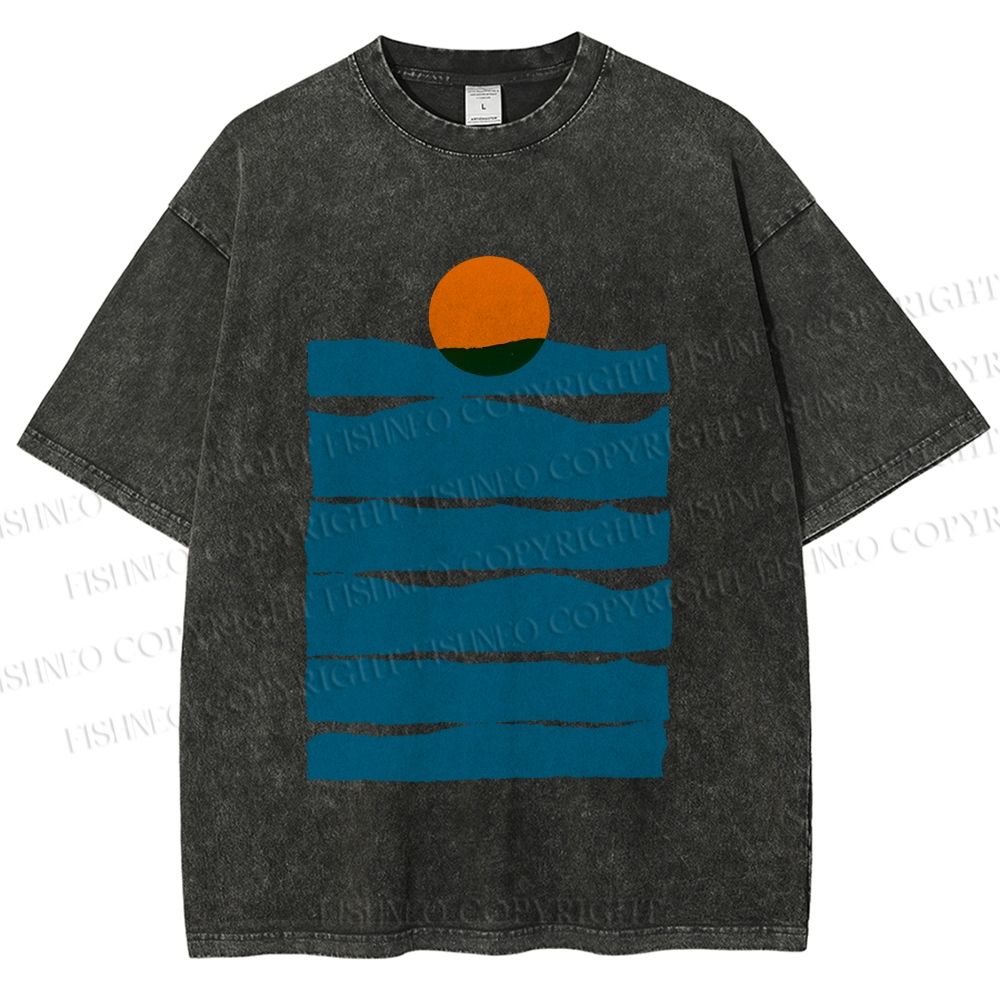 Unisex Sea Wave Sunset Printed Washed Tee