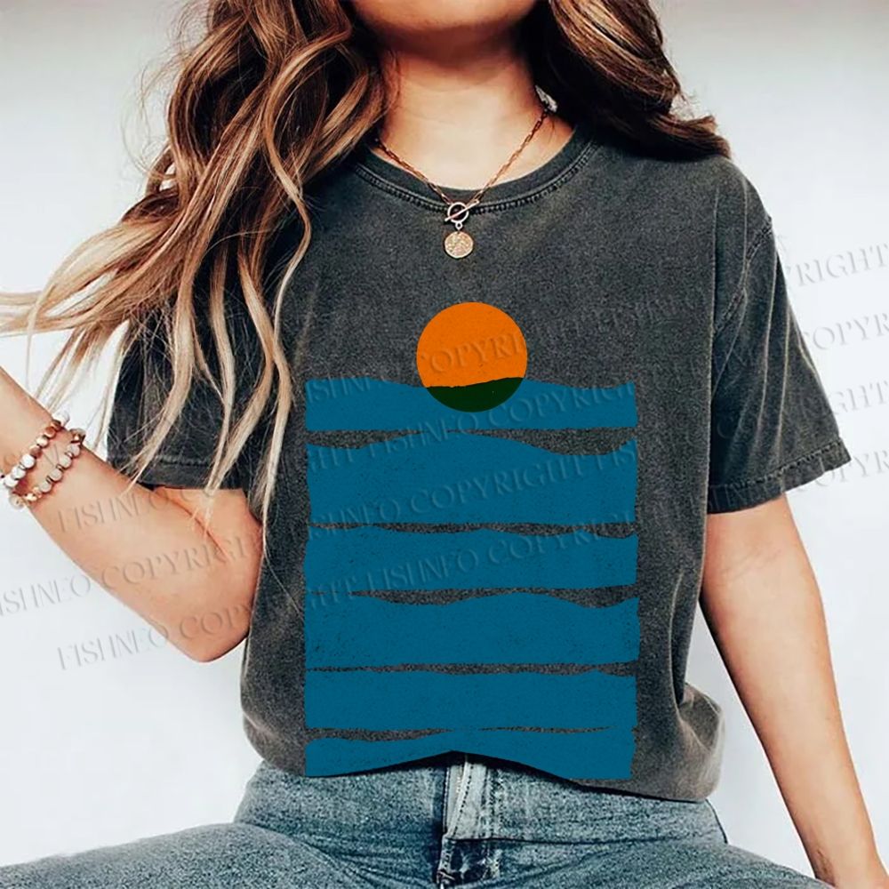 Unisex Sea Wave Sunset Printed Washed Tee