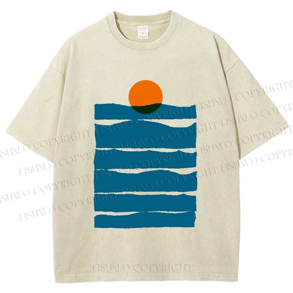 Unisex Sea Wave Sunset Printed Washed Tee