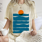 Unisex Sea Wave Sunset Printed Washed Tee