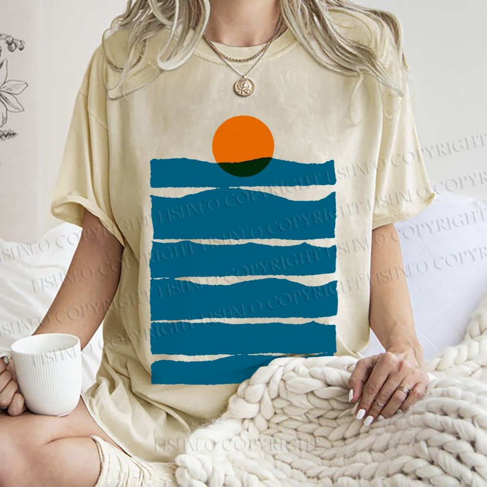 Unisex Sea Wave Sunset Printed Washed Tee