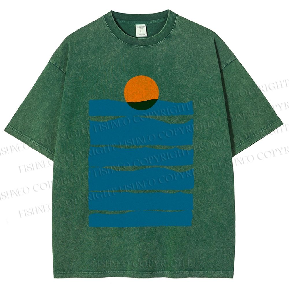 Unisex Sea Wave Sunset Printed Washed Tee