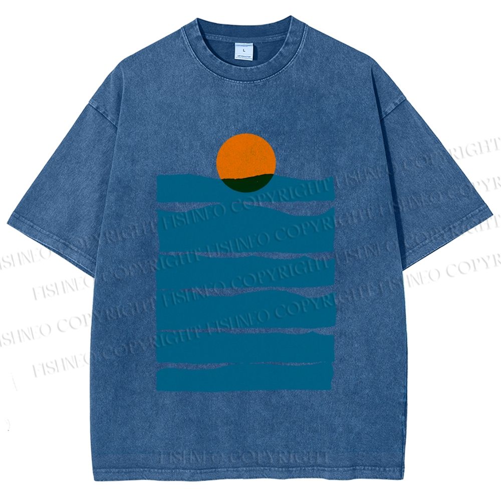 Unisex Sea Wave Sunset Printed Washed Tee