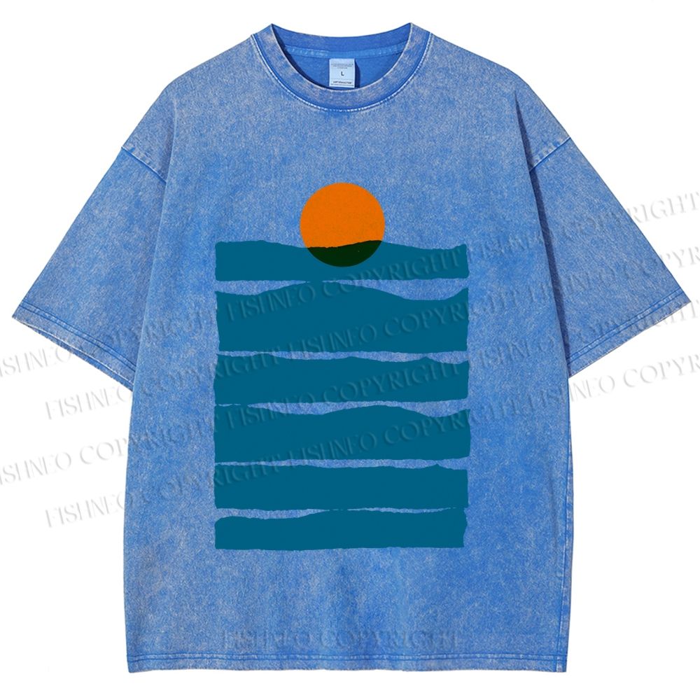 Unisex Sea Wave Sunset Printed Washed Tee