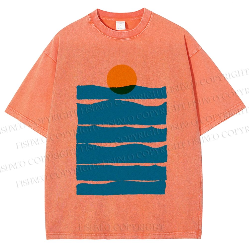 Unisex Sea Wave Sunset Printed Washed Tee