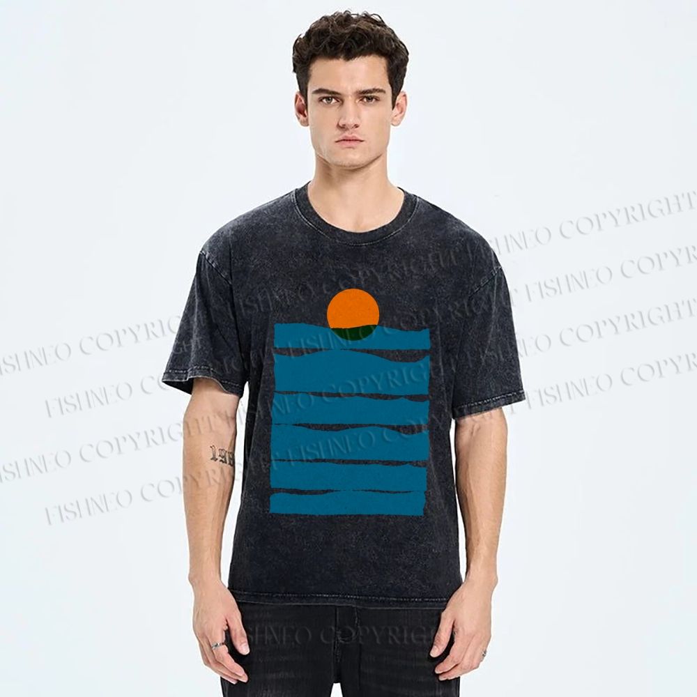 Unisex Sea Wave Sunset Printed Washed Tee