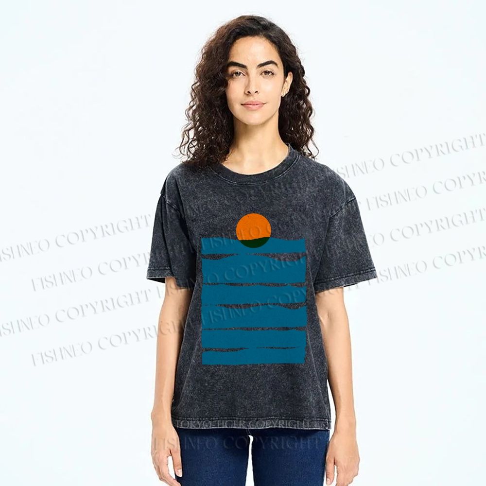 Unisex Sea Wave Sunset Printed Washed Tee