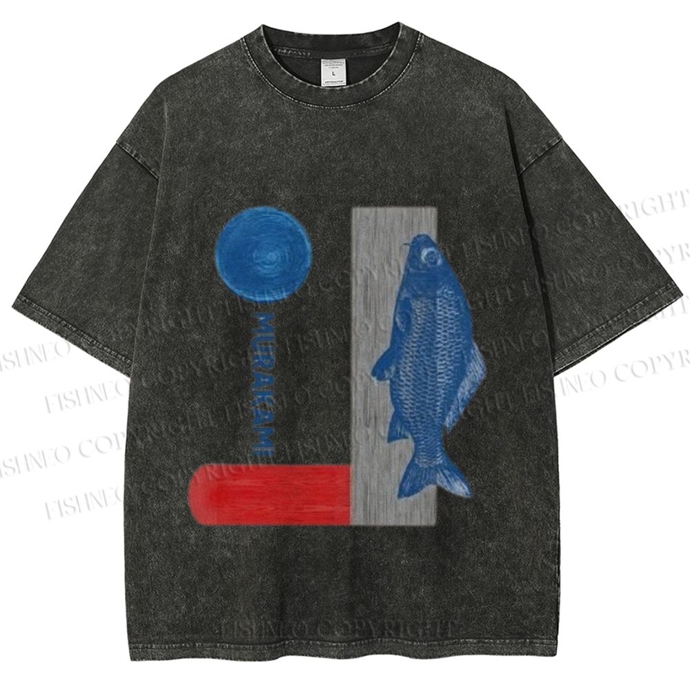 Unisex Japanese Fish And Book Printed Washed Tee
