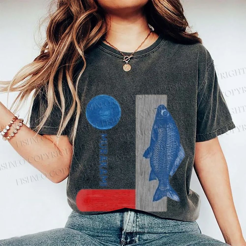 Unisex Japanese Fish And Book Printed Washed Tee