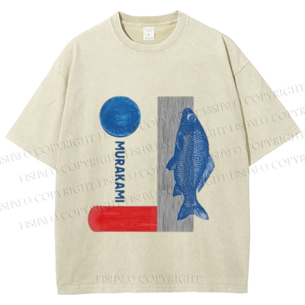Unisex Japanese Fish And Book Printed Washed Tee