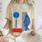 Unisex Japanese Fish And Book Printed Washed Tee