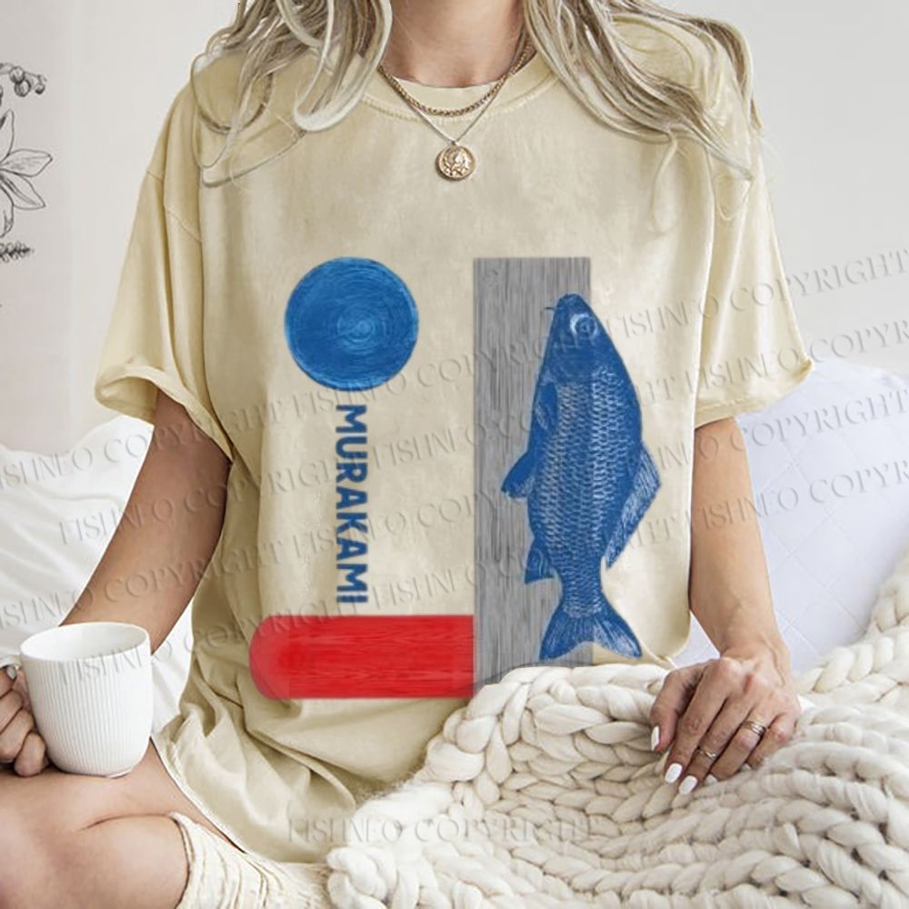 Unisex Japanese Fish And Book Printed Washed Tee