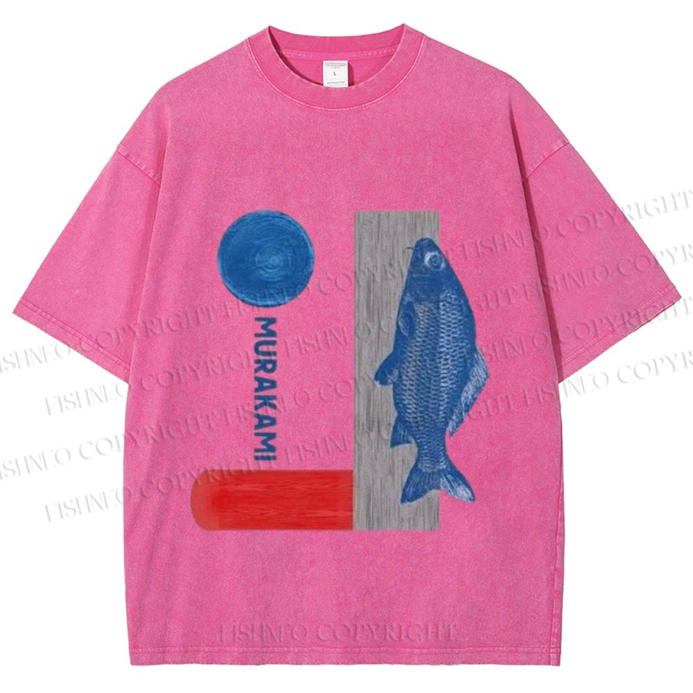 Unisex Japanese Fish And Book Printed Washed Tee
