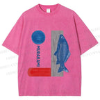 Unisex Japanese Fish And Book Printed Washed Tee