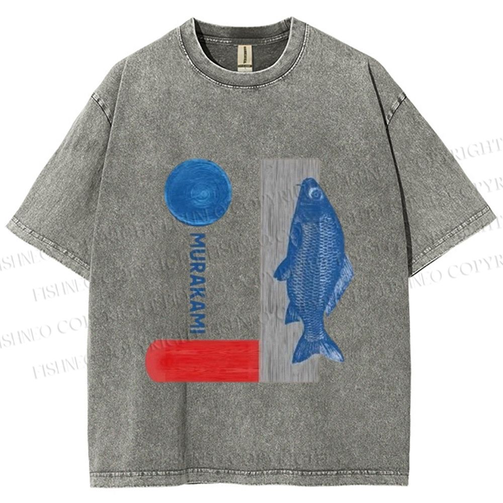 Unisex Japanese Fish And Book Printed Washed Tee